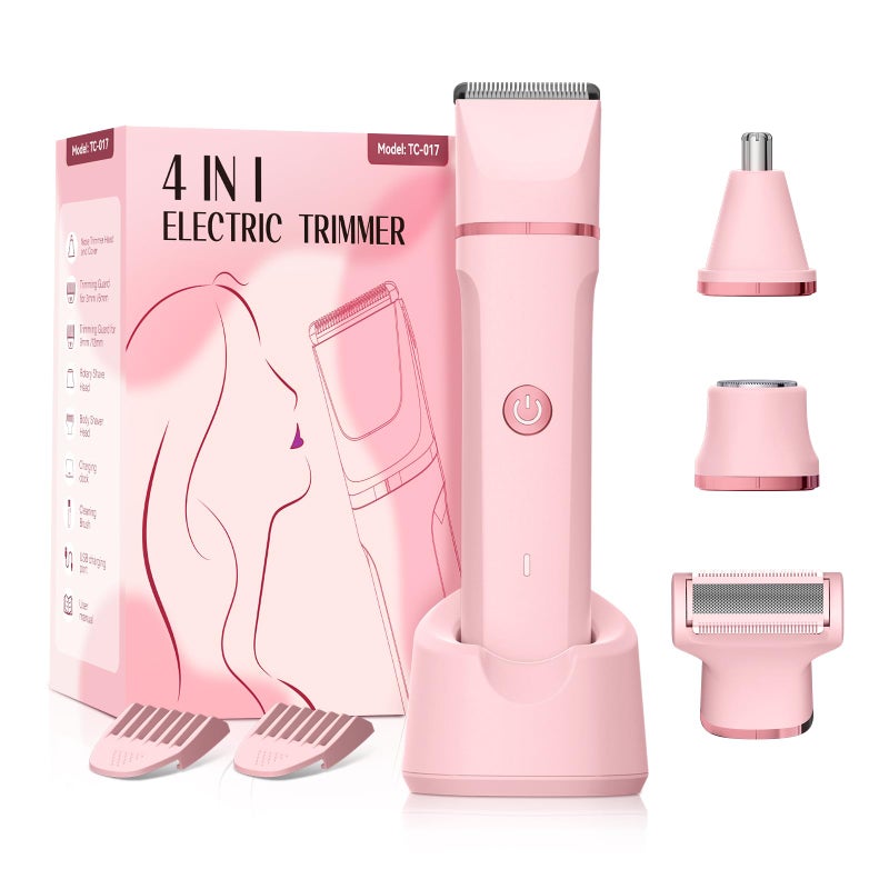 Bikini Trimmer for Women  4 in 1 Electric Razors for Women Waterproof Body Pubic Hair Electric Shaver for Womens Replaceable Facial  Nose Hair Razor Rechargeable Grooming Kit Pink